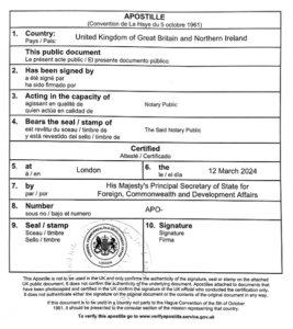 Ejemplo de sello de apostilla emitido por el Foreign Office del Reino Unido (FCDO)